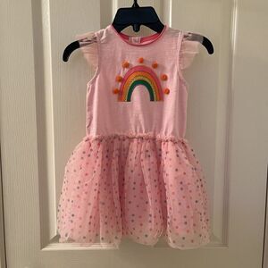 Mud Pie Pink Rainbow Applique Mesh Tulle Dress Pom Pom Girls Size M 2T-3T NWT